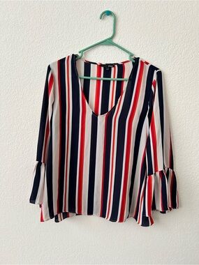 Etam Red Navy White Striped V-Neck Bell Sleeve Top